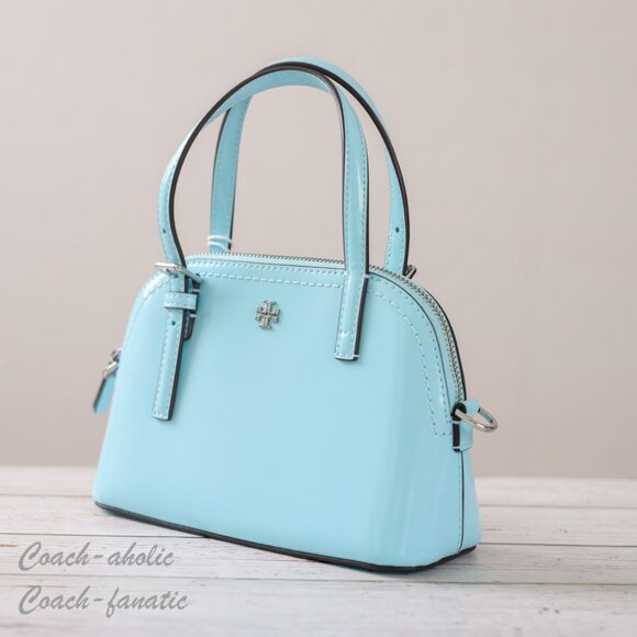 NWT Tory Burch Emerson Patent Leather Dome Satchel Crossbody in Light Celeste - Picture 8 of 11
